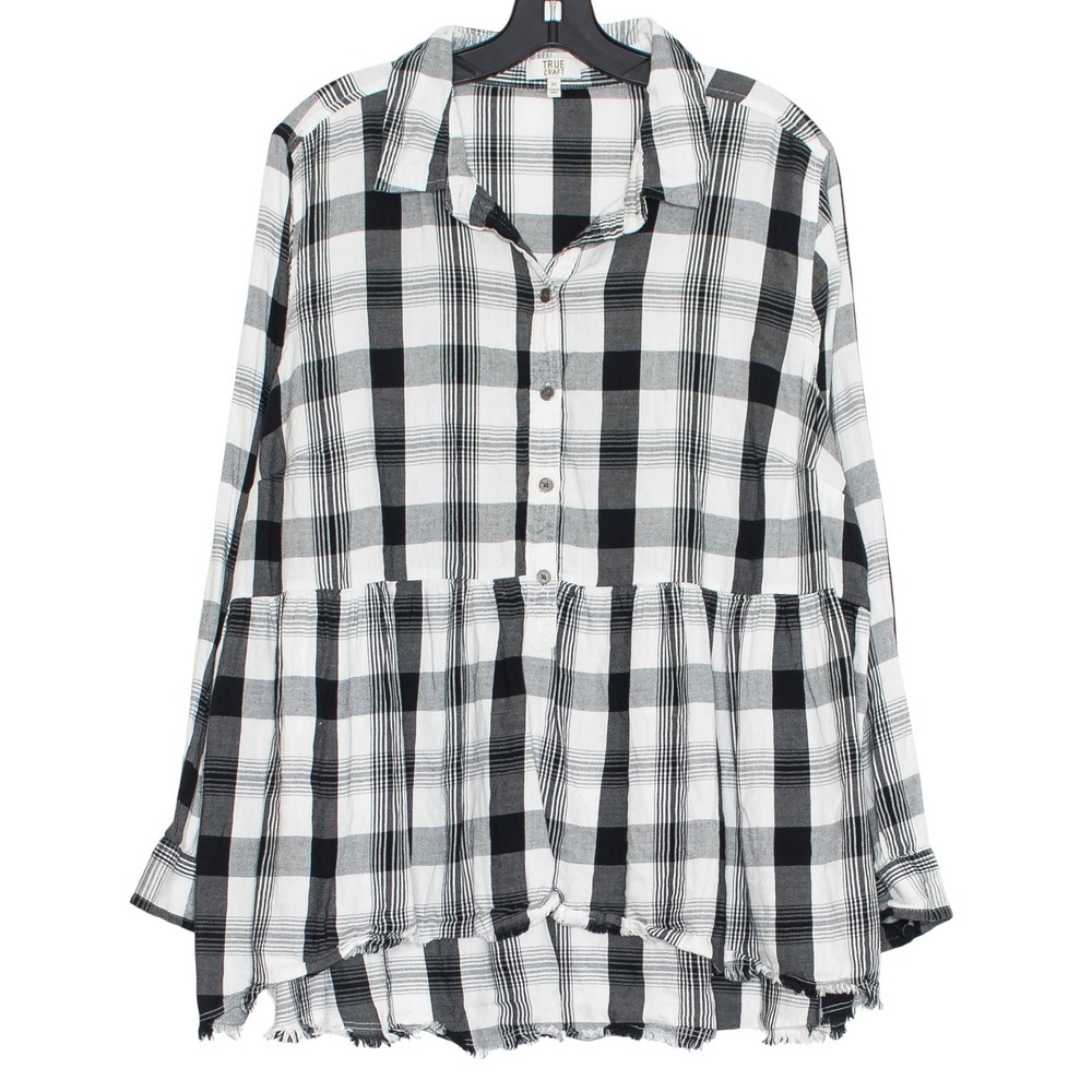 Buffalo Plaid Top Popover Peplum Rustic Boho Farmhouse Black White Plus Size 2X